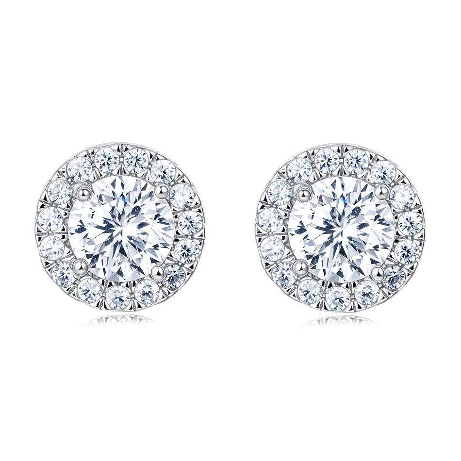 925 Sterling Silver Classic Halo Moissanite Stud Earrings In Platinum
