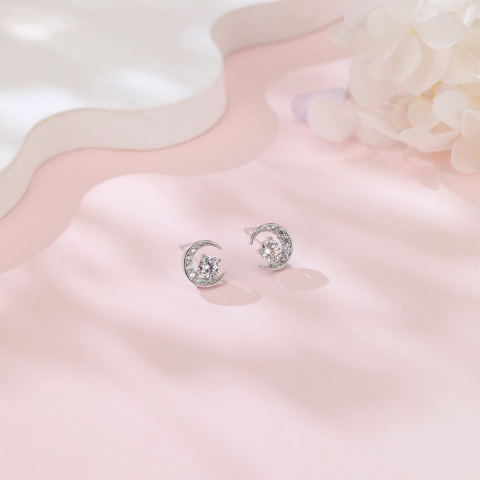 925 Sterling Silver Elegant Moonlight Moissanite Earrings In Plated with Plated with White Gold  Crescent Halo