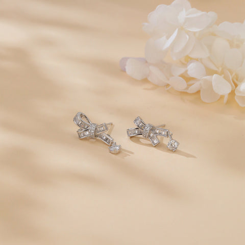 925 Sterling Silver Elegant Silver Moissanite Cross Earrings With Dangling Round Stones