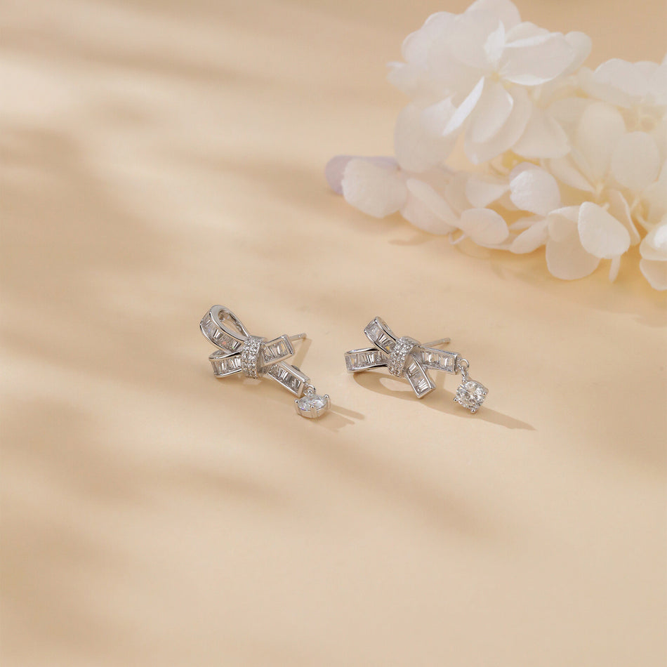 925 Sterling Silver Elegant Silver Moissanite Cross Earrings With Dangling Round Stones