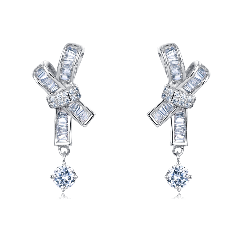 925 Sterling Silver Elegant Silver Moissanite Cross Earrings With Dangling Round Stones