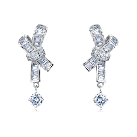 925 Sterling Silver Elegant Silver Moissanite Cross Earrings With Dangling Round Stones