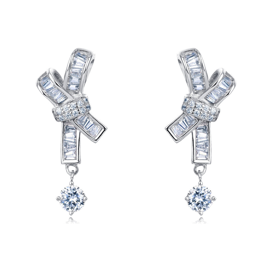 925 Sterling Silver Elegant Silver Moissanite Cross Earrings With Dangling Round Stones