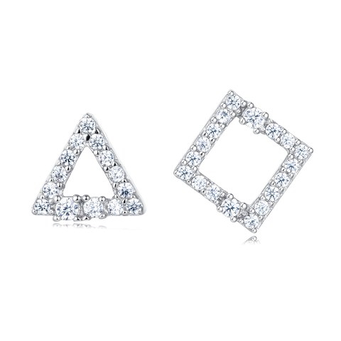 925 Sterling Silver Elegant Zircon Triangle And Square Stud Earrings In Plated with White Gold