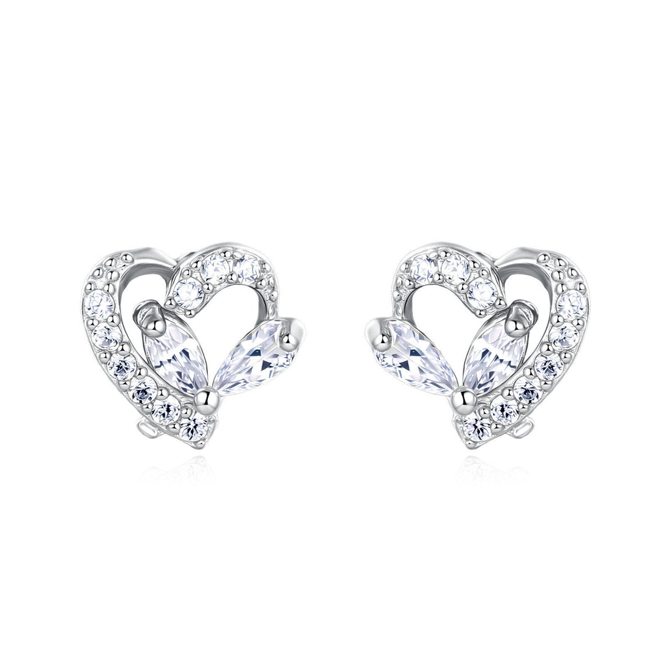 925 Sterling Silver Elegant Heart-shaped Zircon Accent Silver Stud Earrings