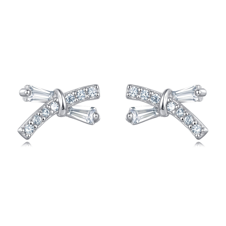 925 Sterling Silver Elegant Zircon Bow Earrings In Plated with White Gold