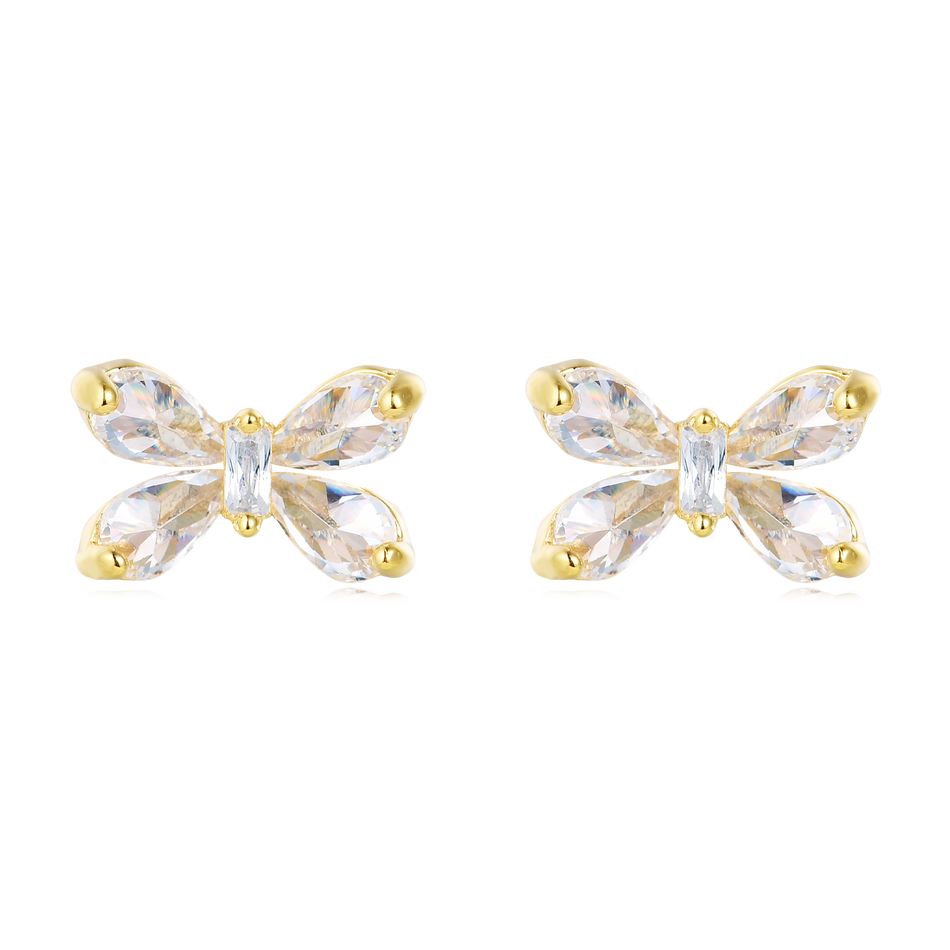 925 Sterling Silver Elegant Butterfly Crystal Stud Earrings With Gold Accents