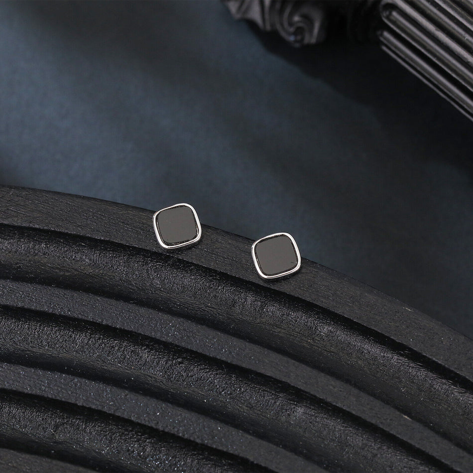 925 Sterling Silver Modern Black Geometric Earrings With Metallic Accent