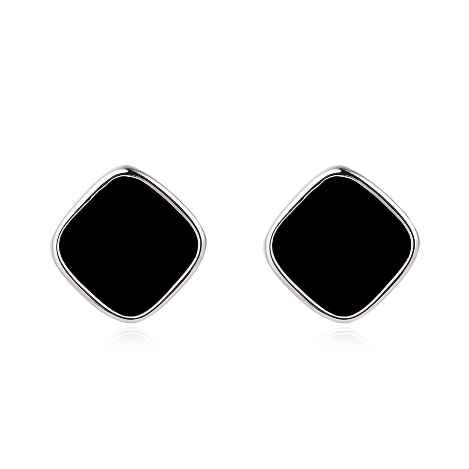 925 Sterling Silver Modern Black Geometric Earrings With Metallic Accent