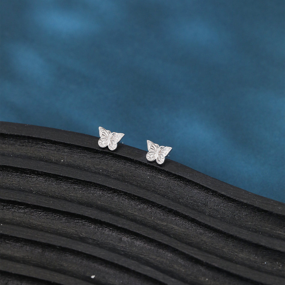 925 Sterling Silver Elegant Sterling Silver Butterfly Stud Earrings With Intricate Cut-out Wings And Sparkling Accents