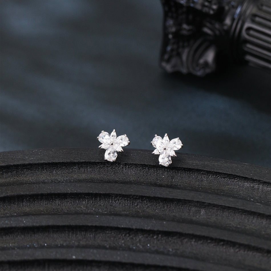 925 Sterling Silver Four-stone Clover Design Zircon Accent Stud Earrings In Plated with White Gold Setting