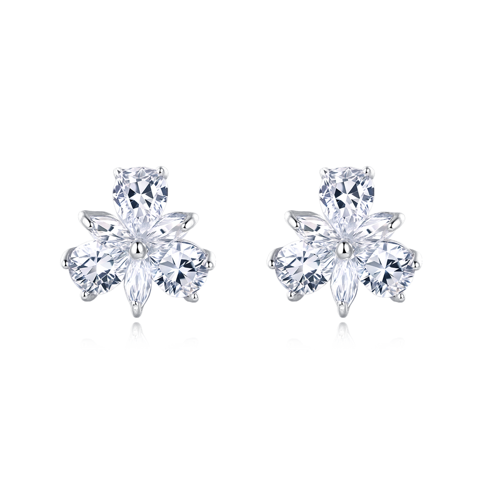925 Sterling Silver Four-stone Clover Design Zircon Accent Stud Earrings In Plated with White Gold Setting