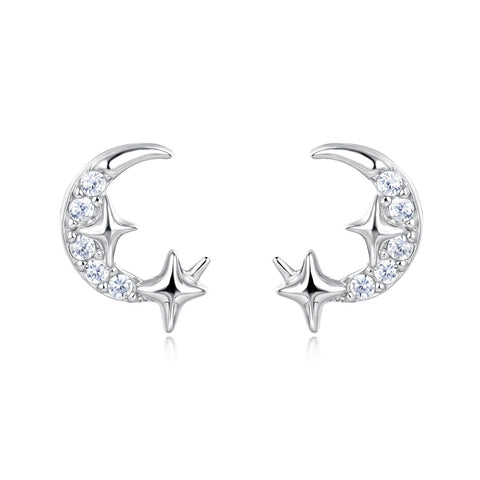 925 Sterling Silver **silver Crescent Moon Earrings With Star-studded Crystal Accents**