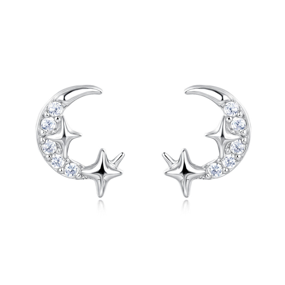 925 Sterling Silver **silver Crescent Moon Earrings With Star-studded Crystal Accents**