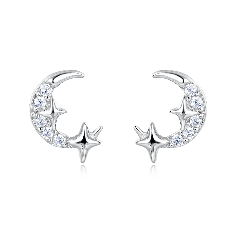 925 Sterling Silver **silver Crescent Moon Earrings With Star-studded Crystal Accents**