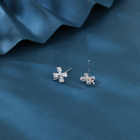 925 Sterling Silver Four-leaf Clover Cubic Zirconia Stud Earrings In Sterling Silver