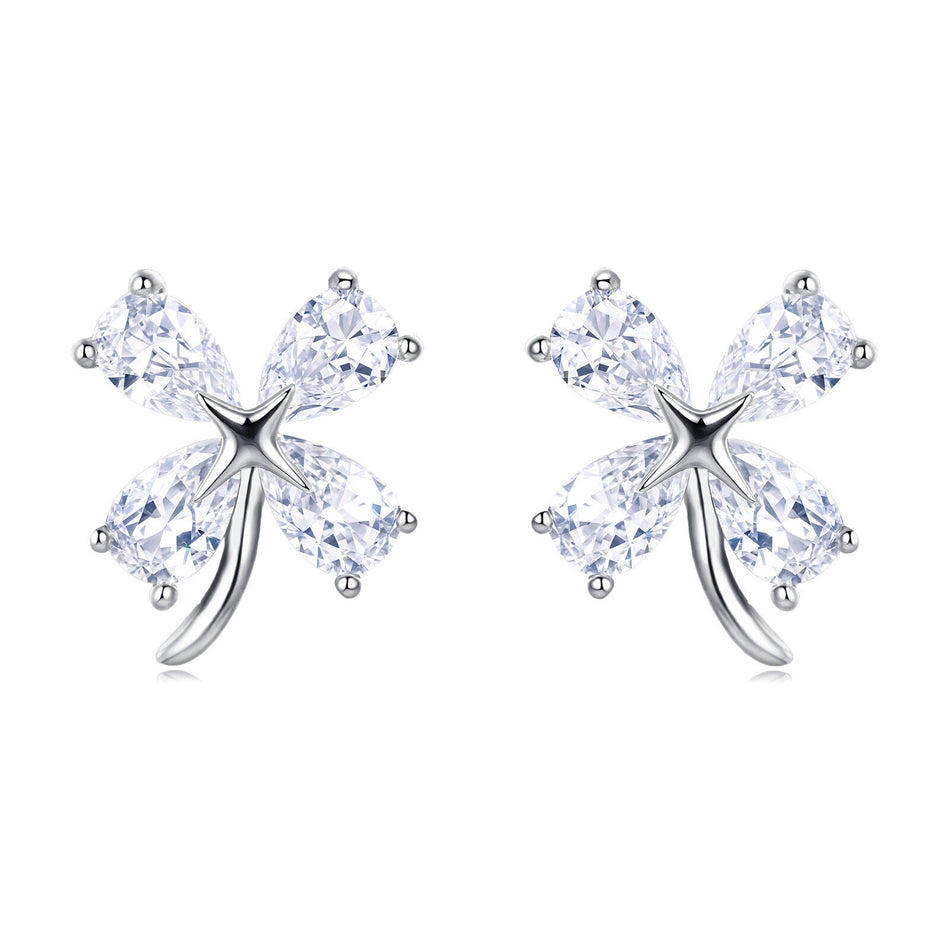 925 Sterling Silver Four-leaf Clover Cubic Zirconia Stud Earrings In Sterling Silver