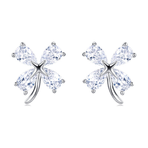 925 Sterling Silver Four-leaf Clover Cubic Zirconia Stud Earrings In Sterling Silver