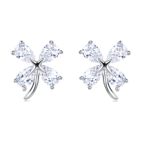 925 Sterling Silver Four-leaf Clover Cubic Zirconia Stud Earrings In Sterling Silver
