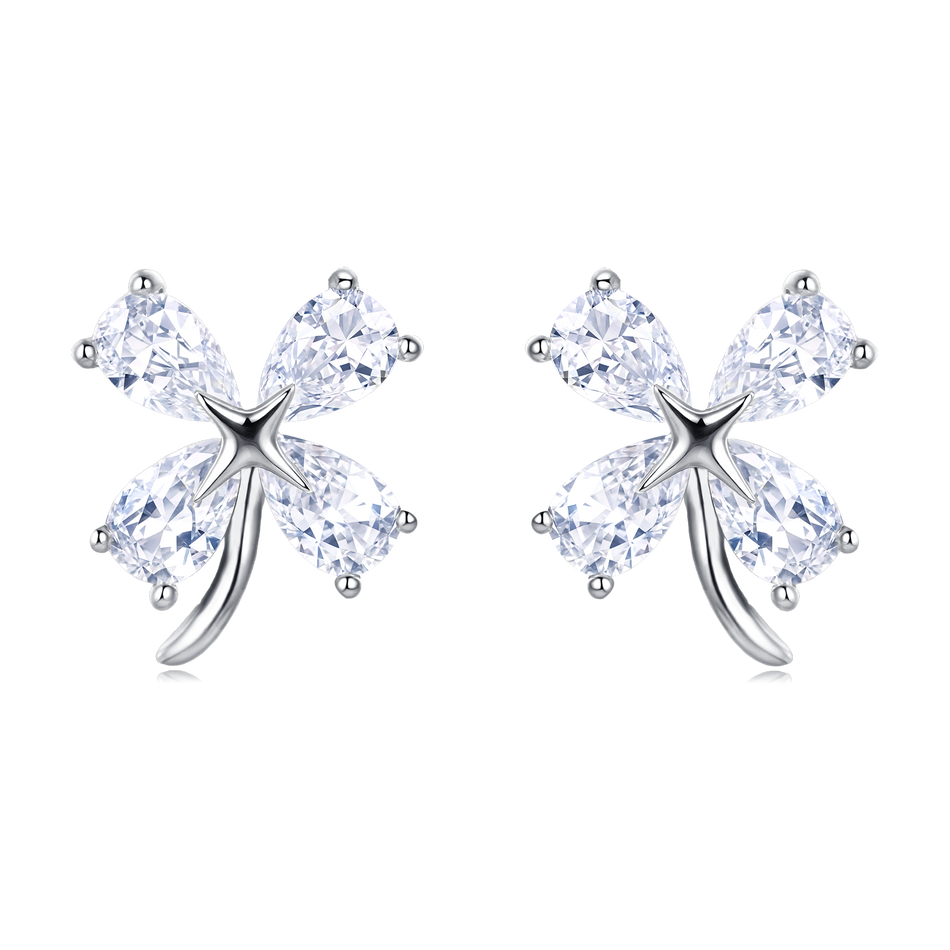 925 Sterling Silver Four-leaf Clover Cubic Zirconia Stud Earrings In Sterling Silver