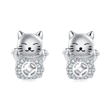 925 Sterling Silver Silver Zircon Lucky Cat Earrings ¨C Adorable Charm With Sparkling Accents
