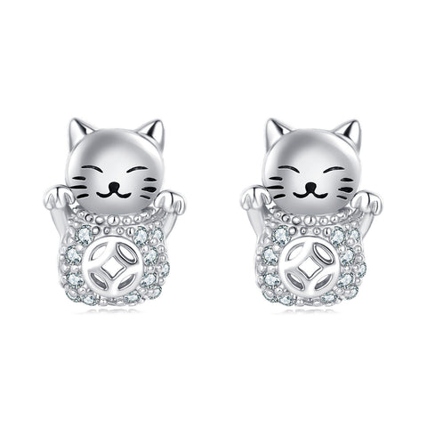 925 Sterling Silver Silver Zircon Lucky Cat Earrings ¨C Adorable Charm With Sparkling Accents
