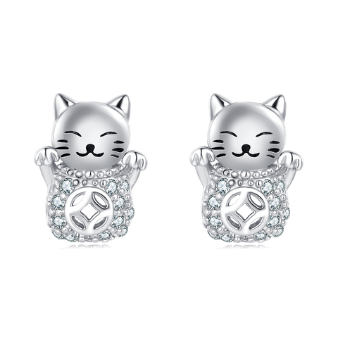 925 Sterling Silver Silver Zircon Lucky Cat Earrings ¨C Adorable Charm With Sparkling Accents