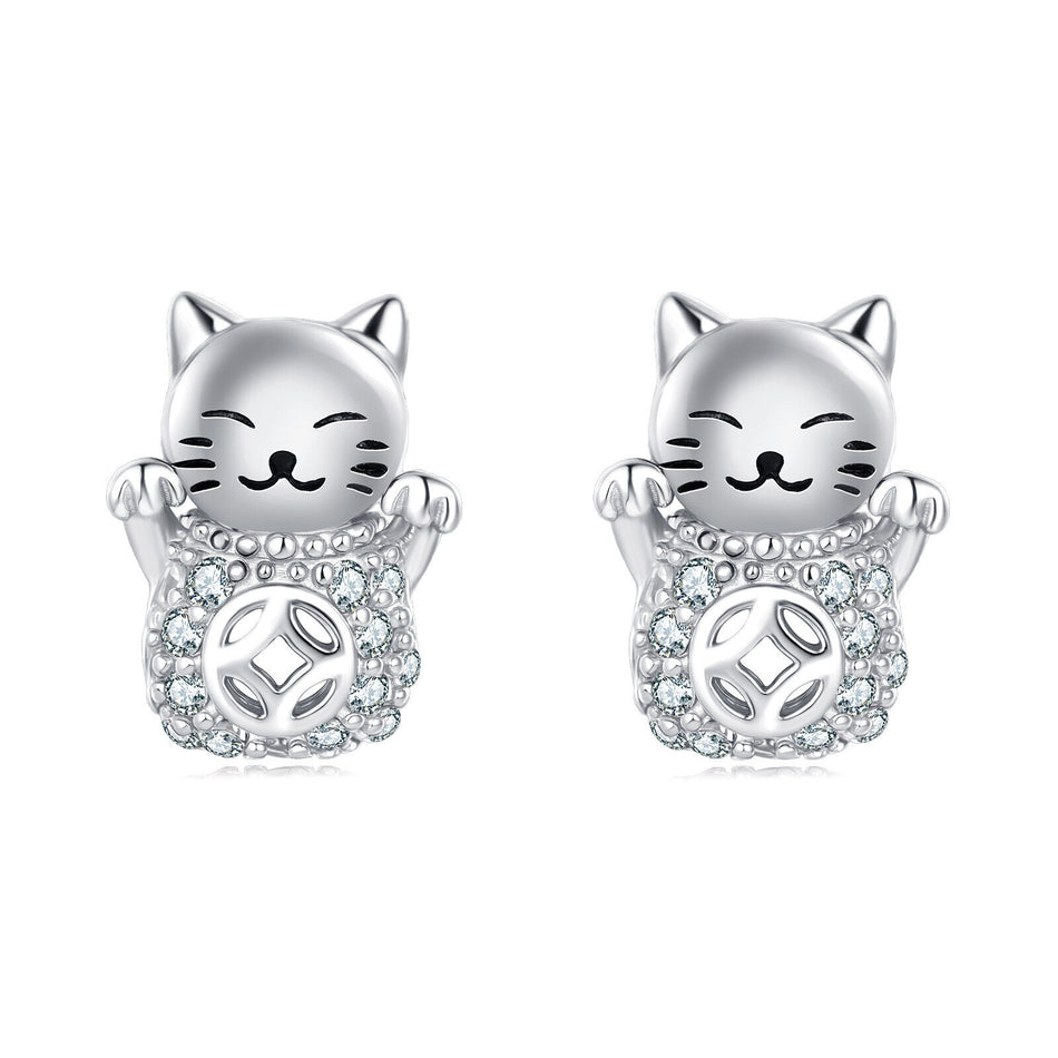 925 Sterling Silver Silver Zircon Lucky Cat Earrings ¨C Adorable Charm With Sparkling Accents