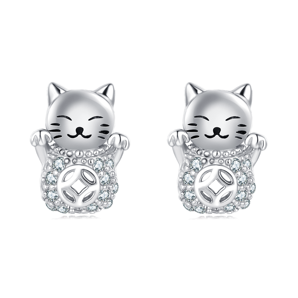 925 Sterling Silver Silver Zircon Lucky Cat Earrings ¨C Adorable Charm With Sparkling Accents