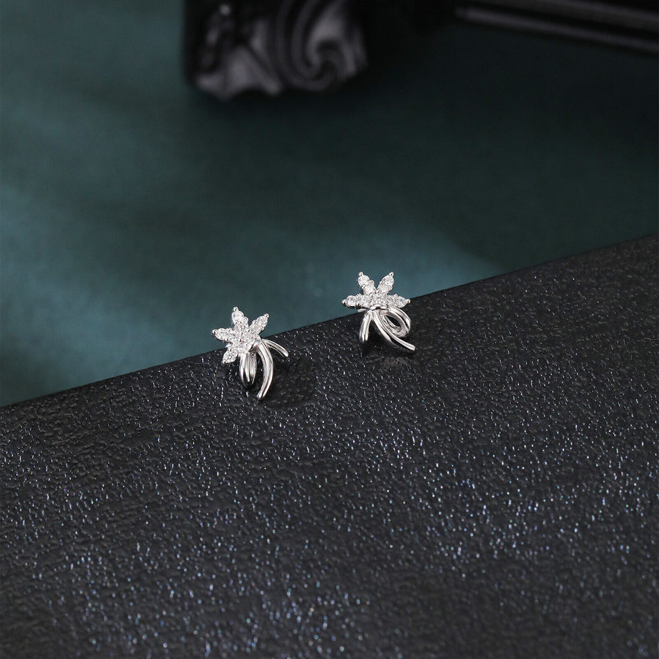 925 Sterling Silver Elegant Silver Flower Stud Earrings With Zircon Accents