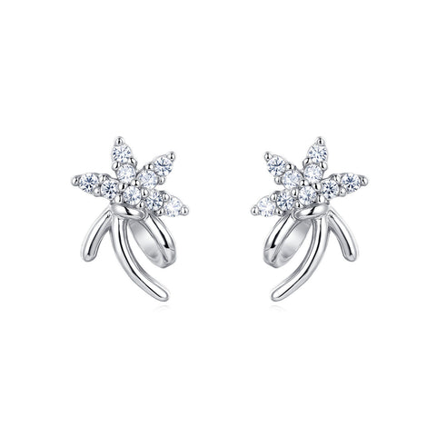925 Sterling Silver Elegant Silver Flower Stud Earrings With Zircon Accents