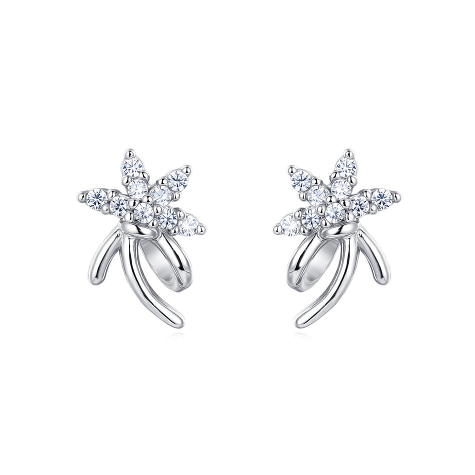 925 Sterling Silver Elegant Silver Flower Stud Earrings With Zircon Accents