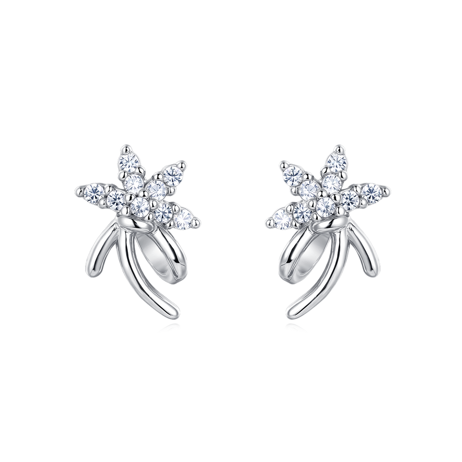 925 Sterling Silver Elegant Silver Flower Stud Earrings With Zircon Accents