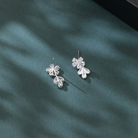 925 Sterling Silver Elegant Zircon Floral Earrings With Cascading Teardrops