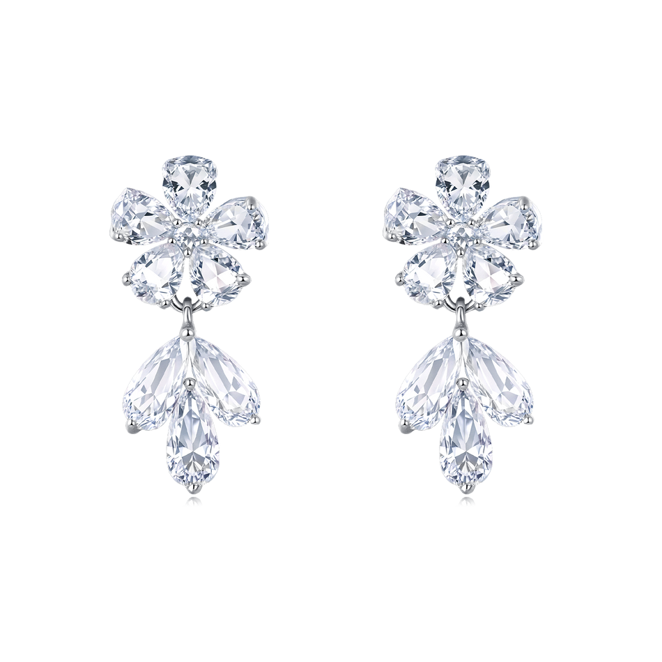 925 Sterling Silver Elegant Zircon Floral Earrings With Cascading Teardrops