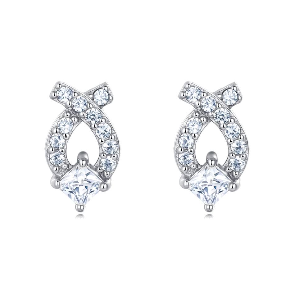 925 Sterling Silver Elegant Zircon Earrings In Silver Setting With Symmetrical Halo Design