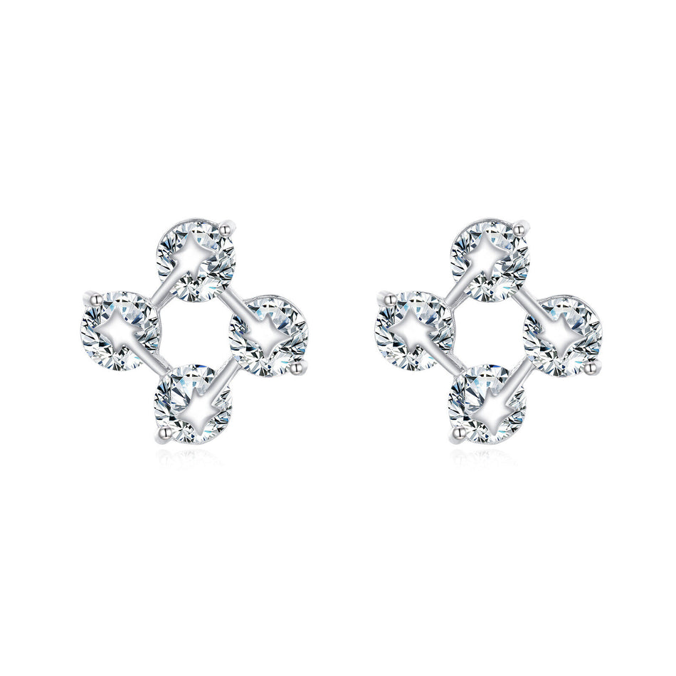 925 Sterling Silver Elegant Sterling Silver Four-pronged Zircon Stud Earrings With Teal Background Contrast