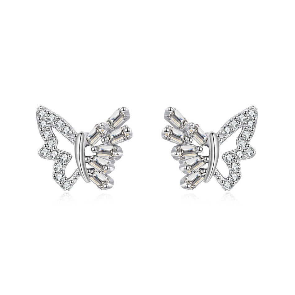 925 Sterling Silver Elegant Zircon Butterfly Stud Earrings On Blue Velvet Background
