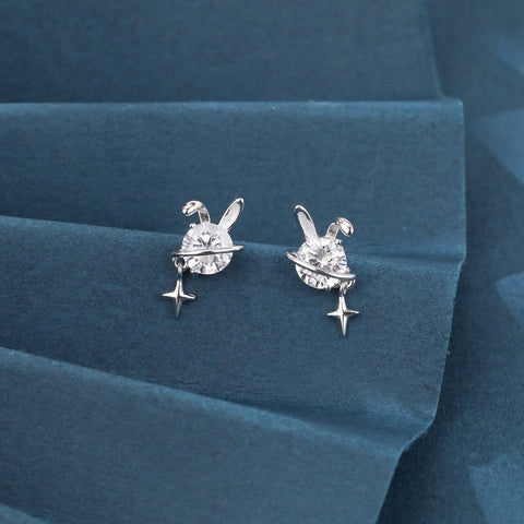 925 Sterling Silver Silver Bunny Earrings With Crystal Center And Star Charm