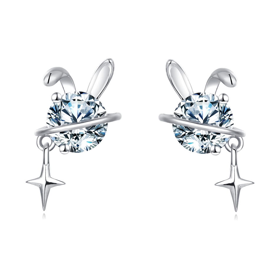 925 Sterling Silver Silver Bunny Earrings With Crystal Center And Star Charm