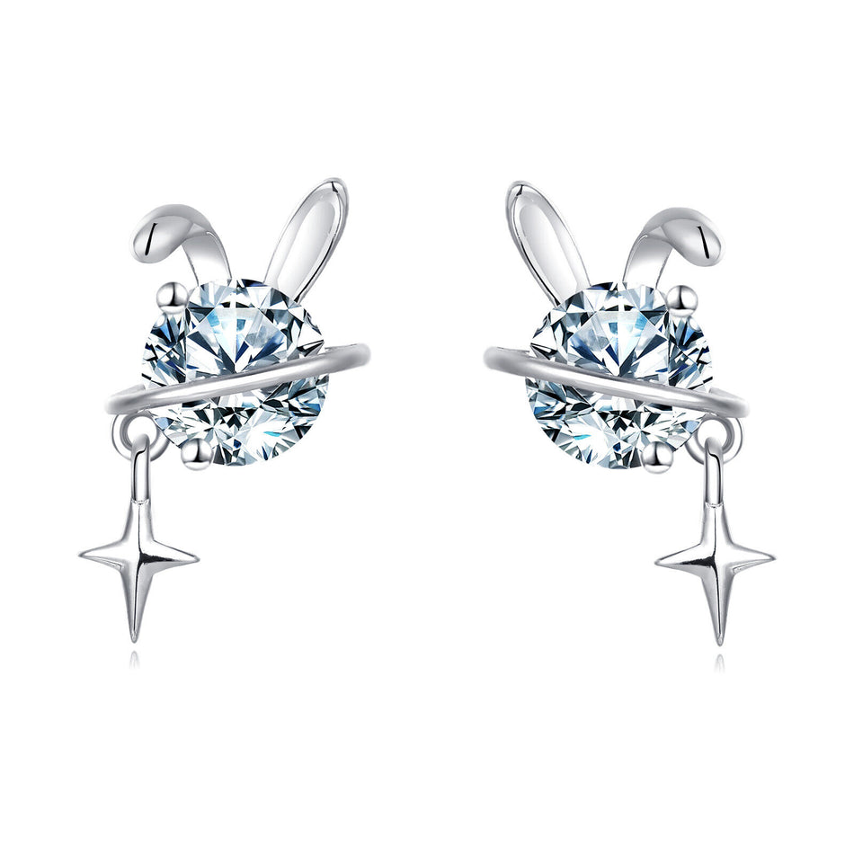 925 Sterling Silver Silver Bunny Earrings With Crystal Center And Star Charm