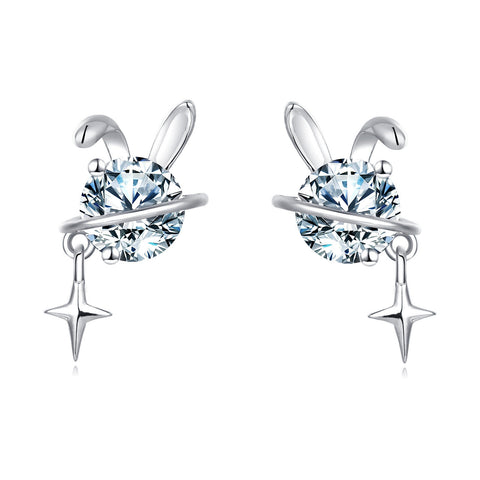 925 Sterling Silver Silver Bunny Earrings With Crystal Center And Star Charm