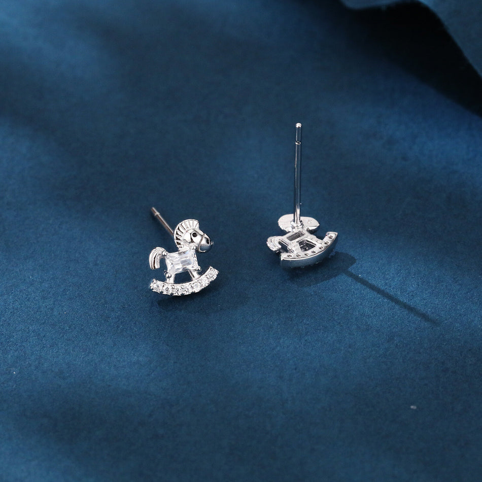925 Sterling Silver Rocking Horse Zircon Stud Earrings In Sterling Silver