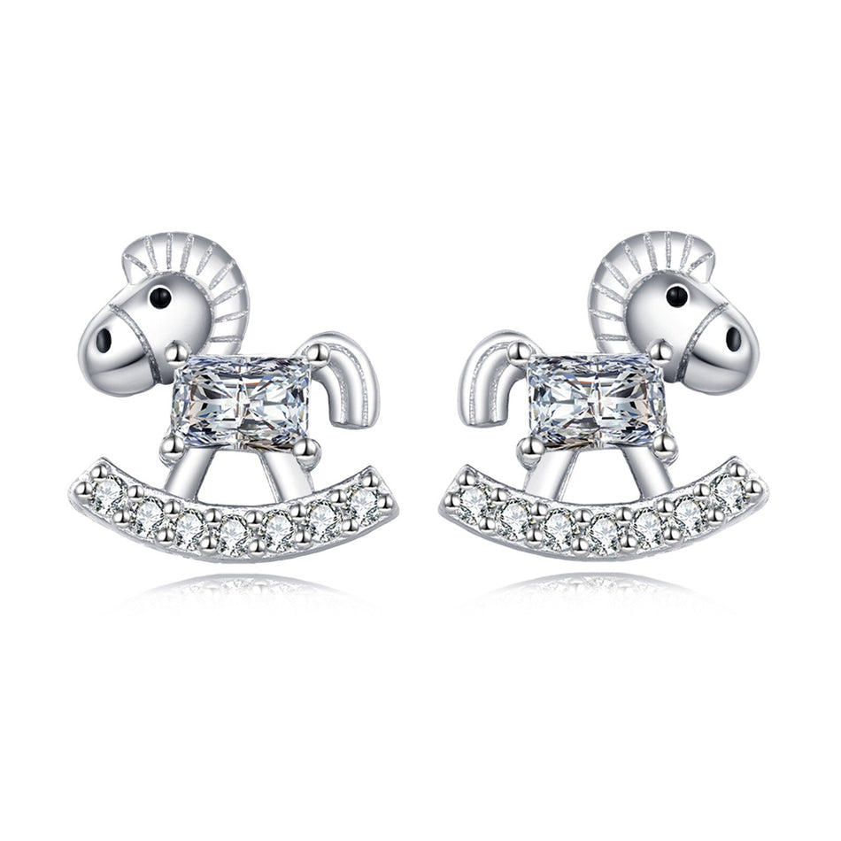 925 Sterling Silver Rocking Horse Zircon Stud Earrings In Sterling Silver