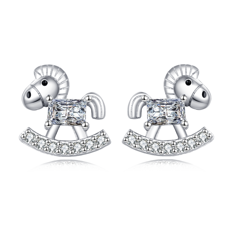 925 Sterling Silver Rocking Horse Zircon Stud Earrings In Sterling Silver