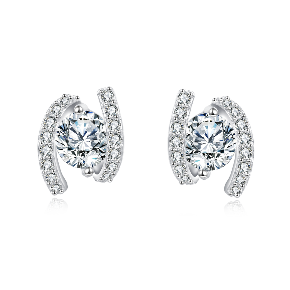 925 Sterling Silver Elegant Silver Horseshoe Stud Earrings With Sparkling Zircon Accents