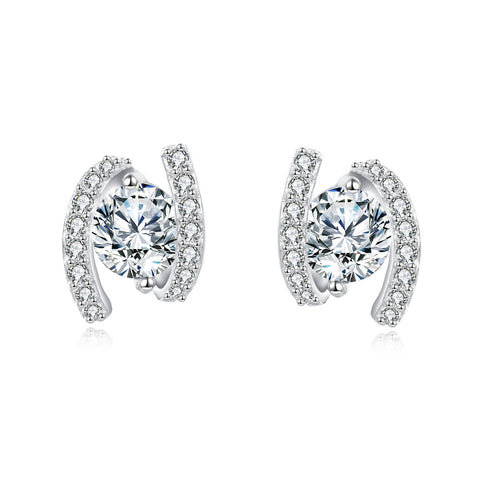 925 Sterling Silver Elegant Silver Horseshoe Stud Earrings With Sparkling Zircon Accents