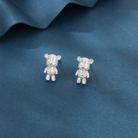 925 Sterling Silver Sparkling Silver Teddy Bear Earrings Embedded With Zircon Accents