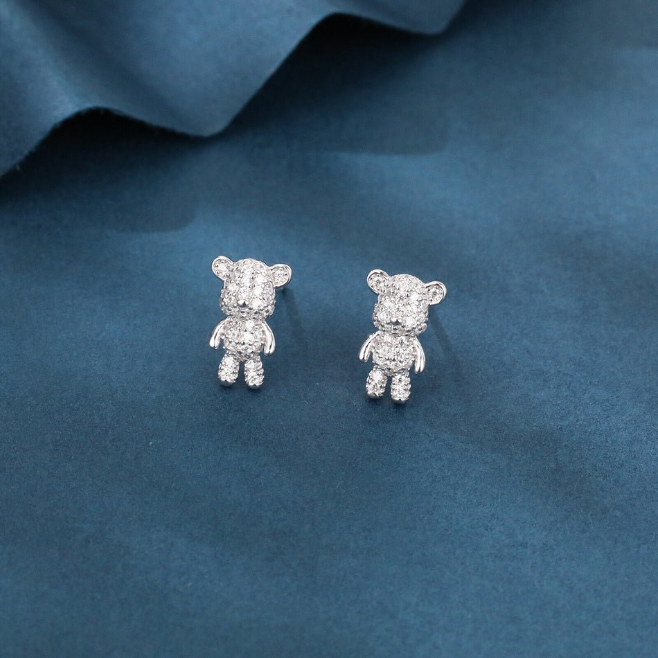 925 Sterling Silver Sparkling Silver Teddy Bear Earrings Embedded With Zircon Accents