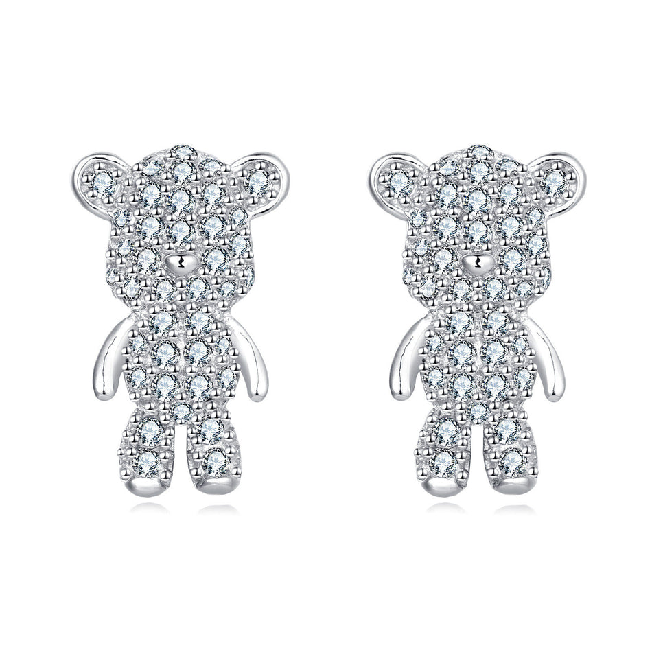 925 Sterling Silver Sparkling Silver Teddy Bear Earrings Embedded With Zircon Accents